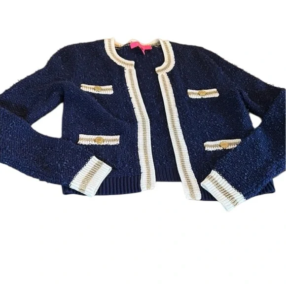 LILLY PULITZER Nalayna Cardigan Navy Blue Gold Cream Long Sleeve size Med - Picture 3 of 4